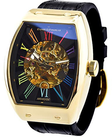 DANIEL&DOUGLAS Armbanduhr DD8808 Analog Automatik Mechanische Armbanduhr Skelett Marke Herren, Gold, Regenbogen, Schwarz, Modern