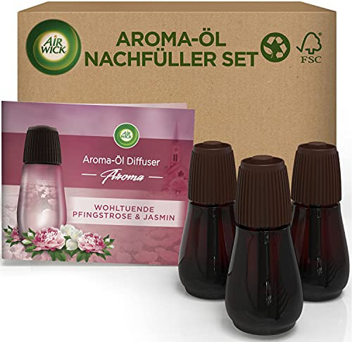 Air Wick Aroma-Öl Flakon Vorteilspack – Duftöl Nachfüller Set für den Air Wick Diffuser – Duft: Wohltuende Pfingstrose & Jasmin – 3 x 20 ml ätherisches Öl