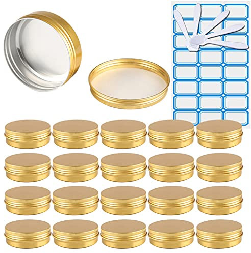 ZEOABSY 30 Pièces 100ml Pots en Aluminium Vide Rond Or Petit Cosmétiques Pot Conteneurs for Fait Main Bougies Crème Baume Voyage, 5X Spatule, 2X Étiquettes