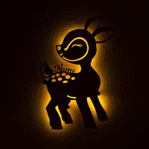 Nachtlicht Rehkitz aus Holz | personalisierbare Geschenk-Idee zur Geburt. Taufe oder Geburtstag | Schlummerlicht für Babies und Kinder | mit Farb- und LED/RGB-Optionen