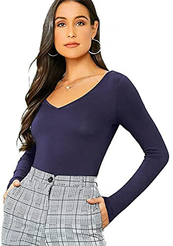 Women's Ladies Long Sleeve V Neck Basic Top Jersey Plain Stretchy Slim Fit Casual Wear T-Shirt Tee Tops 16-18 Navy