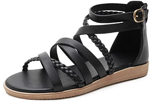 HIONRE Nu Pieds en Cuir PU avec Confortable Sandales,Sandales à Brides croisées, Sandales pour Femmes Grande Taille, Noir, 40,Basic Sandales Bout Ouvert Femme