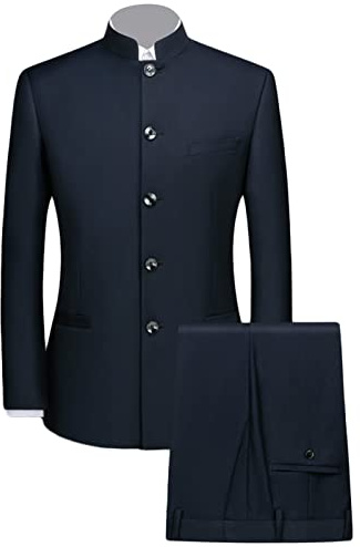 Men 2 Pieces Chinese Tunic Suit Mandarin Collar Blazer Set Button Jacket Pant Set Traditional Uniform Groom Dress (Dark Blue,4X-Large)