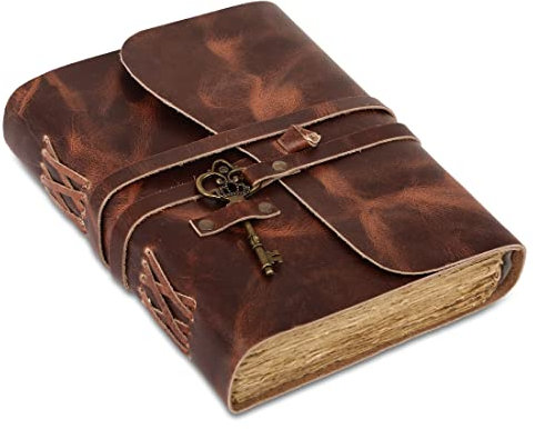 Leder-Tagebuch mit liniertem Büttenrandpapier 20,3 x 15,2 cm und Vintage-Schlüssel/handgefertigtes Schreib-Notizbuch/gebundener täglicher Notizblock für Männer und Frauen (8 x 6, Dark Tan)