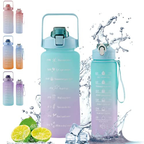 ENCOMAG Trinkflasche 2 Stück Set 2L & 900mL, Sport-Trinkflasche mit Strohhalm und Zeitmarkierungen, BPA-Frei, Auslaufsicher Wasserflasche für Sport, Fitness, Yoga, Büro, Schule