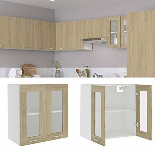 Chusui Hängeglasschrank, Glasschrank, Hängeschrank, Wandvitrine, Glasvitrine Hängend, Wandschrank Küche, Teeschrank, Sonoma-Eiche 60x31x60 cm Spanplatte