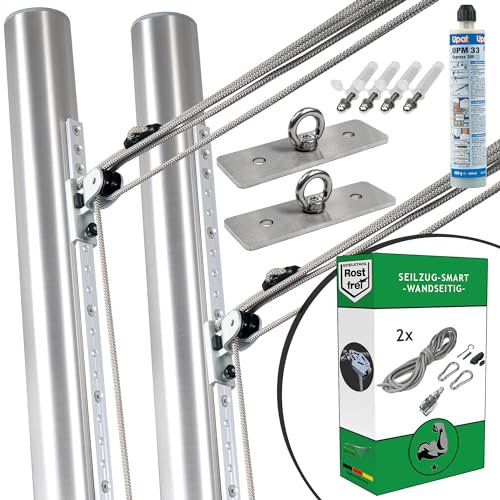 Pina DESIGN seit 1979 - Befestigungsset für viereckige Sonnensegel/ 2 Wandhalter, 2 Masten verstellbar & Zubehör (In Mauerwerk - 2x Wandhalter/Verankerungen, 2x 1-Fach Seilzug mit integrierter Klemme)