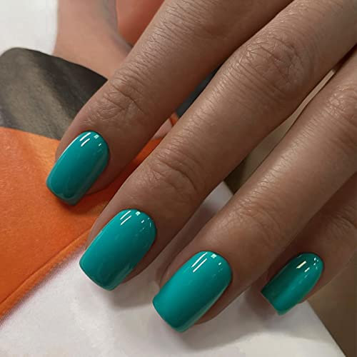 JUSTOTRY 24 Pcs Turquoise Solid Short False Nails Square Pattern,Glossy Green Press on Nails Short,Pretty Fake Nail Medium,Squoval Stick on Nail for Women and Teens Nails Art
