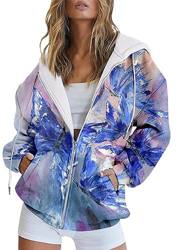 Skang Sweatshirt Damen Frühlings- und Herbstmode-Kapuzenpullover Langarm-Taschen-Reißverschluss-Sportmantel Lose Blumen-Tie-Dye-bedrucktes Damen-Kapuzenpullover Weiße Fleecejacke Damen (Y, S)