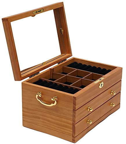 LUNICASHA Schmuckkästchen, Schmuckkasten Holz mit Spiegel, Schmuckschatulle mit Schubladen Holz, Schmuckkästchen für Frauen, Schmuckkoffer 3 Ebenen für Ringe Ohrringe Halsketten