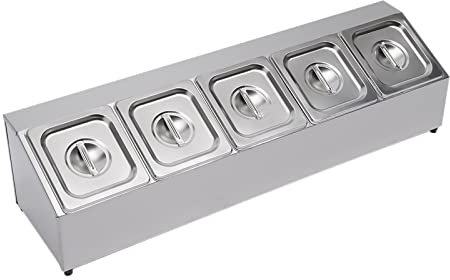 GramStudio Gastronorm - Recipiente para ingredientes, acero inoxidable, 5 rejillas, recipientes para alimentos con tapa y estante para especias para restaurantes y tiendas calientes