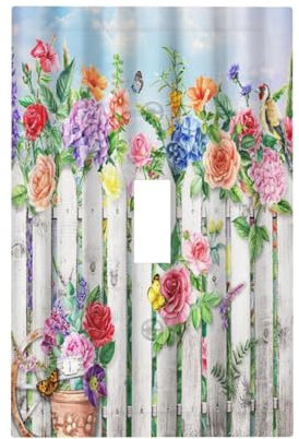 Spshian Cache-interrupteur en bois gris rustique avec fleur colorée - Plaque murale à bascule unique - Plaque murale décorative pour décoration de chambre à coucher de campagne