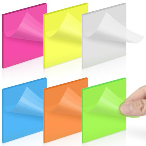 Sansoak Transparente Haftnotizen, 300Blätter Wasserdichte Durchsichtige Farbmemo Transparent Sticky Notes 76×76 mm, 50/Block, 6 Farben farbige Selbstklebende Durchsichtige Haftnotizen für Schulbüro