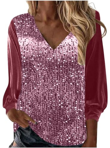 RIKAY Women Shimmer Sequin Sparkly Festival Party Shirt and Blouse Womens Long Sleeve V Neck Shining Glitter Top Tee Shirts Pullover UK Plus Size 8 22 Pink