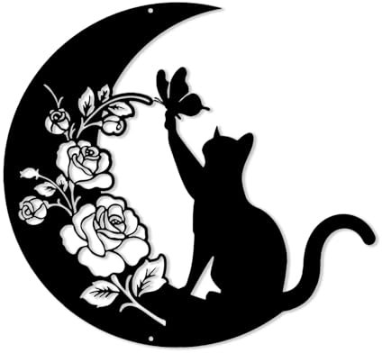 Katze silhouette Wanddeko Metall Schwarzer,Haus Garten Deko,Mimalistische wanddekoration wandbilder Wandkunst Hängende Dekoration 30×30 CM (F)