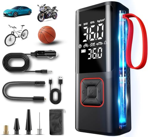 Akcswo Compressore Aria Portatile 160PSI,Auto Mini Compressore Portatile per Auto 37L/min Compressore a Batteria con Luce LED e Display LCD per Moto Auto e Bicicletta