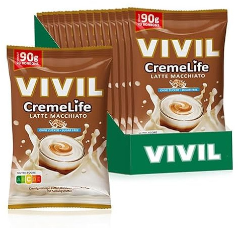 VIVIL Creme Life Latte Macchiato, zuckerfreie Sahnebonbons, 15 Beutel | Cremiger Genuss mit echter Schlagsahne, Familienpackung für Zuhause und Büro