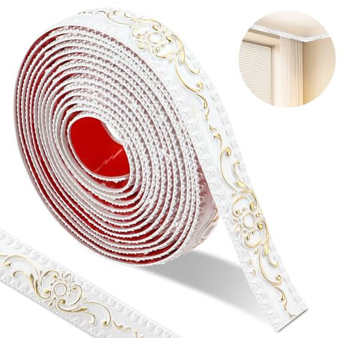 300*3.6cm Wallpaper Borders Self-Adhesive,3d Vintage Pattern Coving For Ceilings, Flexible Moulding Trim Waterproof, Peel And Stick Wall Border For Mirror Frame， Home Decoration（White-Gold Pattern）