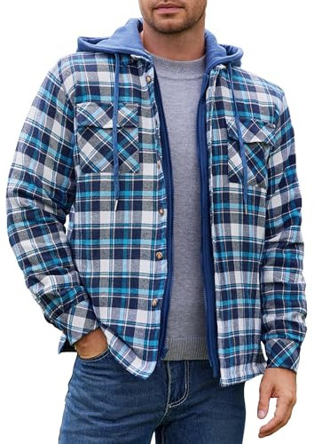 COOFANDY Herren Karierte Jacke Langarm Holzfäller Jacke Gefüttert Flanellhemd Reißverschluss Winterjacke Übergangsjacke Flanell Jacke Winterhemd Karo Hemd Blau Schwarz L