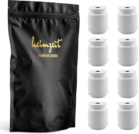 heimzeit Schrankknöpfe für Türen, Schubladen und Kommoden aus hochwertigem Aluminium [8 Stück, Geriffelt] Farbe: Weiß, Stilvolles Design, Möbelknöpfe mit Einlochgriff und Schrauben
