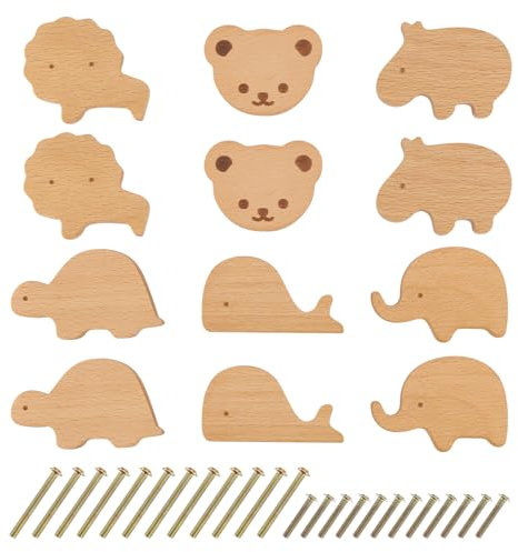 Povxlum 12pcs Wooden Animal Cabinet Knobs with Screws Wood Drawer Handles Decorative Dresser Knobs with Screws Dresser Pulls Handle Wood Knobs for Kids Room Bedroom Bathroom Kitchen