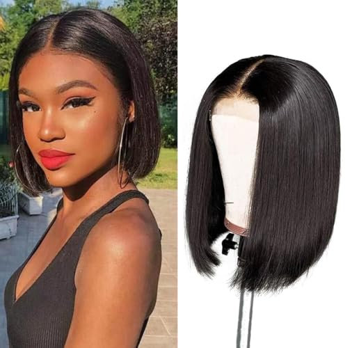 Perruque Bresilienne Cheveux Humain 4×4 Lace Wig Human Hair Bob Straight Perruque Femme Naturelle Brésilien Courte Perruque Cheveux Humain Lisse 150% Density Couleur Naturelle Noir 8 Pouces(20cm)