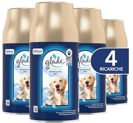 Glade Automatic Spray Ricarica, Profumatore per Ambienti, Fragranza Refreshing Air, Combatte gli odori degli animali domestici, 4 Ricariche da 269 ml