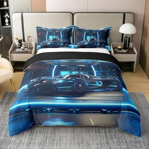 Speed Car 100% Baumwolle Bettbezug 155x220 für Jungen Mädchen,Racing Car Bettwäsche Set für Kinder,Neon Fast Sport Auto Bett Set,Extreme Sport Bettbezug mit 1 Kissenbezug für Schlafzimmer
