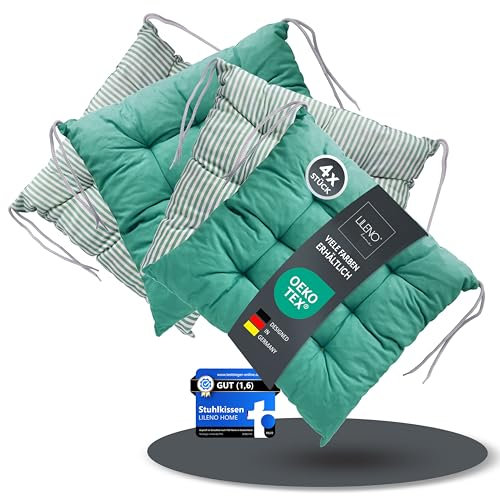 LILENO HOME 4er Set Wende Stuhlkissen Türkis-grün (40x40x6 cm) - Streifen Sitzkissen für Gartenstuhl, Küche oder Esszimmerstuhl - Indoor u. Outdoor Stuhlauflage als Stuhl Kissen (Linda FUM)
