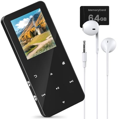 64GB Mini MP3 Player Bluetooth,MP3-MP4 Spieler mit Lautsprecher,Kopfhörer,TF-Kartenslot,Abspielgerät Für Hörbücher, 1.8 Farbbildschirm,Mini Radio,Video,Sprachaufzeichnung,mit Sportarmband