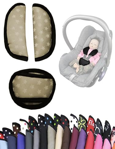 Gurtpolster [Polster-Set für Babyschalen] Autositze Kinderwagen universal Schulterpolster Set 3 Pads Gurtbezüge (Sterne beige)