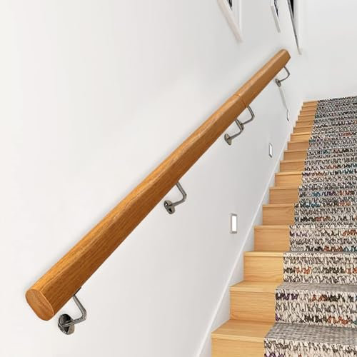 Wooden Handrails for Stairs 1m 150cm 2m 3m 360cm Wood Staircase Banister Hand Rails for Indoor Outdoor Wall Mounted Stair Railing with Stainless Steel Safety Support (Size : 10ft/300cm)