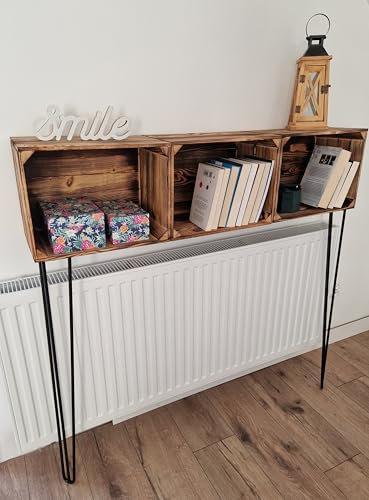 Rustic Wooden Crate with Hairpin Legs – Handmade Pine Storage Box for Home Decor, Display, Shelving or Plant Stand – Industrial Furniture for Living Room, Hallway or Entryway (1, 118x25x120cm)