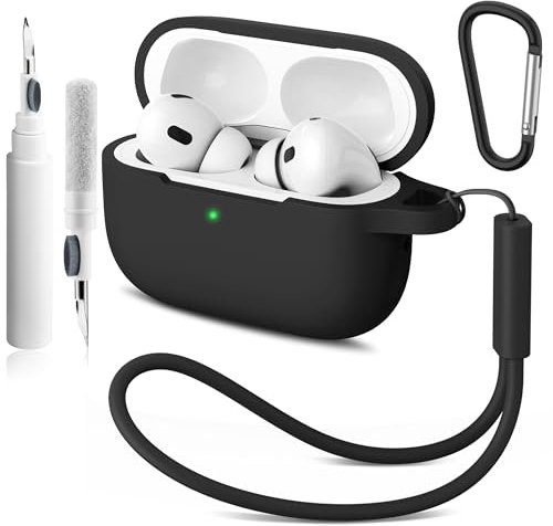 Mugust Kompatibel with Airpods Pro 1st/2nd Generation Hülle Cover with Wrist Strap, Silicone Protective Case for Apple Airpods Pro 2 Charging Case with Cleaner Pen, for Women Men (Schwarz)