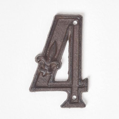 Numéro de Porte en Fonte 4, décoratif, Finition Marron Antique, numéro Maison avec Fleur lys, Design Traditionnel moulé à la Main(Number 4)