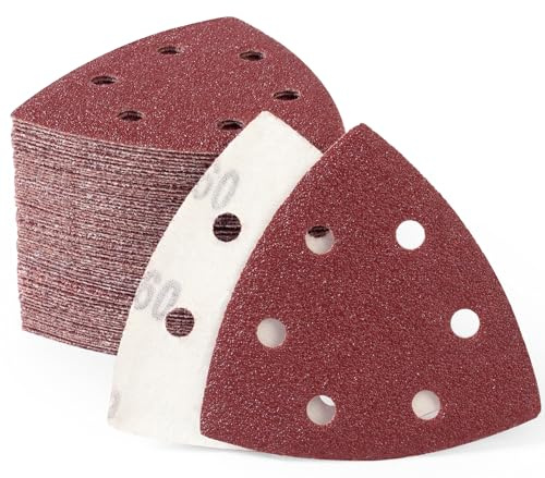 SATC 60 PCS 93mm Delta-Triangle Sanding Sheets 60 Grit Detail Sander Pads Durable Dust-Free 6-Holes Sander Sandpaper Hook and Loop Triangle Sanding 93 x 93 x 93mm