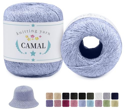 CAMAL 2 Stück Metallic Häkelgarn Dünn Garn 200m x 2 Glitzer Baumwolle zum Häkeln, Metallic Baumwollgarn zum Häkeln für Kleidung, Mützen, Schals, DIY-Projekte (Hellblau)