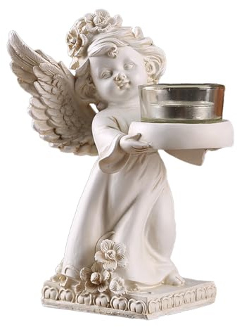 Teelicht Engel Figur - Vintage Engel Teelichtständer aus Harz für Adventsdekoration (19x12x10cm) - Kerzenständer Statue für Weihnachtszeit & Zuhause (Right)