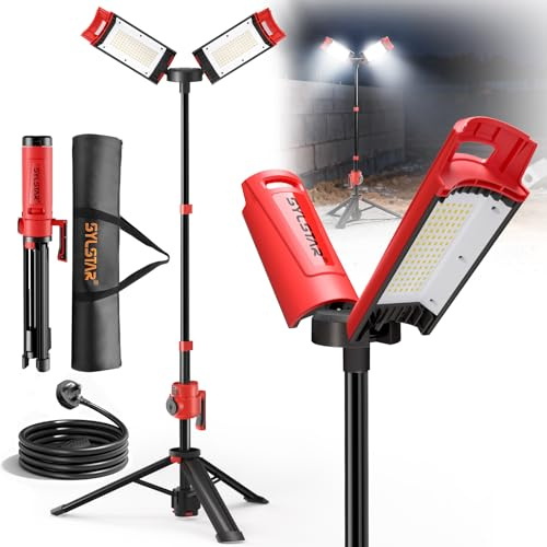 SYLSTAR 12000LM Dual Power LED Work Light with Tripod, 16V 5200mAh Rechargeable & Mains Powered Site Light, 2.25M Aluminium Telescopic Tripod, IP65 Waterproof Portable Floodlight for Jobsite & DIY