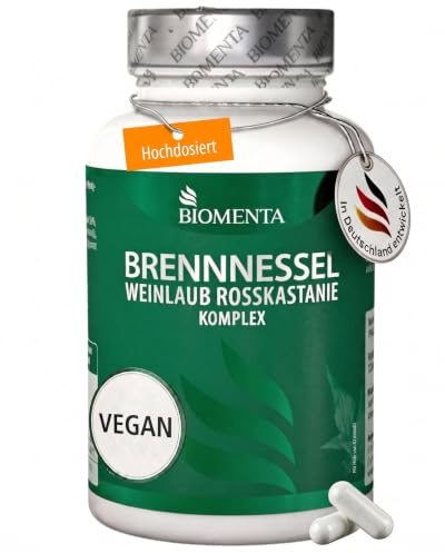 BIOMENTA Brennnessel + Weinlaub + Rosskastanie Komplex hochdosiert - 125 Kapseln synergetisch ergänzt mit Birkenblatt, Kupfer und Mangan - vegan - Premiumqualität