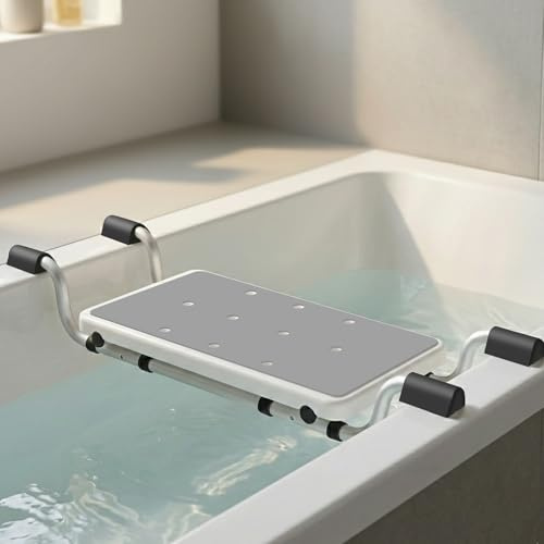Badewannensitz Senioren mit schwarzen Griffen & Grauer Sitzauflage – Stabiles Badewannenbrett bis 120 kg, Verstellbar 71–81 cm, Rostfreies Aluminium