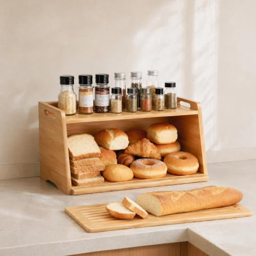 LEMIKKLE Panera de bambú con tabla de cortar, caja de almacenamiento de pan para mantener la comida fresca, adecuada para la cocina, se puede utilizar para almacenar pan, frutas, productos horneados