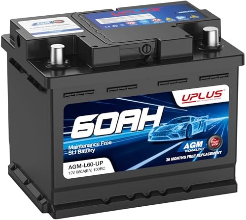UPLUS 12V 60Ah 660A(EN) AGM Start-Stop Autobatterie AGM-L60-UP | Links: - Rechts: +, wartungsfrei, für Start-Stopp-Fahrzeuge. 242L×175B×190H(mm), vor Kauf Maße prüfen
