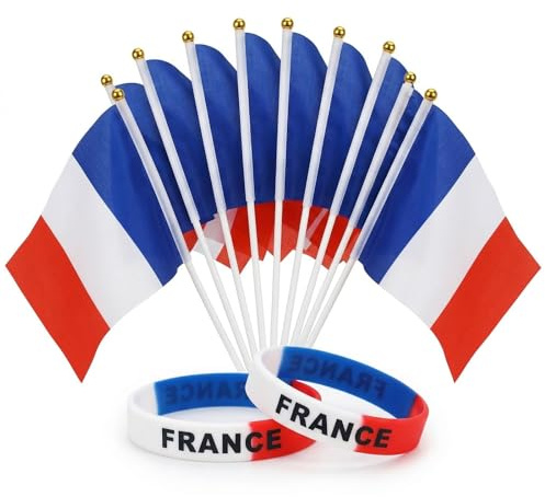 10 Banderas de Francia de Mano con 2 Pulseras de Silicona Bandera Francesa de Poliester para Eventos Deportivos Desfiles Celebraciones y Fiestas Nacionales Accesorios de Animacion