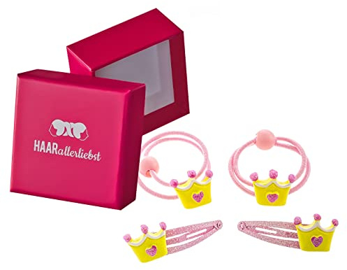 HAARallerliebst Haarschmuck Set (4 teilig | handbemalte Kronen | rosa gelb) für Mädchen inkl. Schachtel zur Aufbewahrung (Schachtelfarbe: pink)