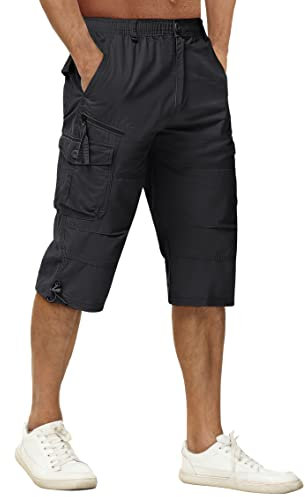 TACVASEN Herren 100% Baumwolle Casual Military Elastische Capri Cargo Kurze Hosen mit Multi Taschen, 38, Schwarz