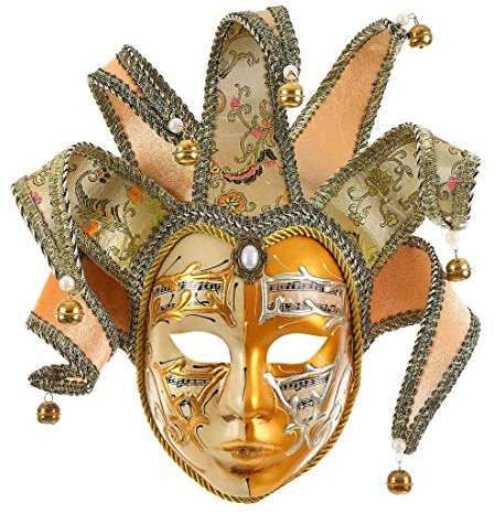 MICG Gold Volto Venezianische Narren-Maske, Vollgesichtsmaske, Glocke, Joker, Wanddekoration, Kunstsammlung (Gold)