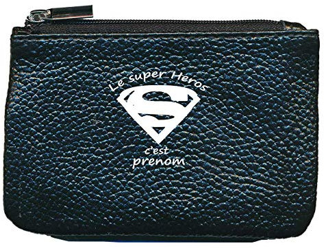 Petit Porte Monnaie en Cuir Porte cles Noir Super Heros Personnali avec prenom