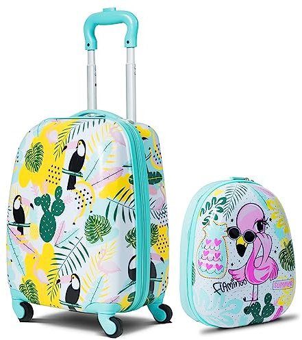 DREAMADE Valise Enfant 16 et Sac à Dos 12, Bagage à Main Coloré Filles et Garçons, Cabine Enfant avec Motif Flamingo, Valise Enfant Roulette avec 4 Roues Pivotante à 360°en Dessin (Flamingo)