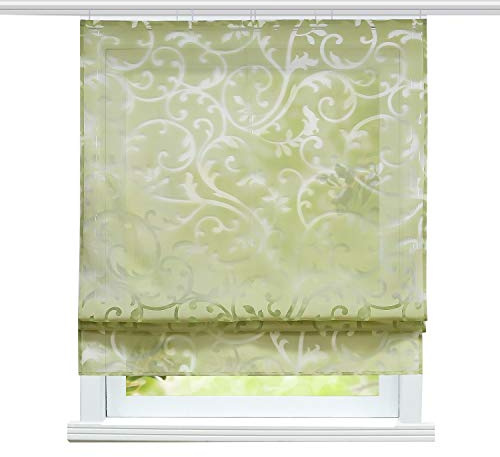 ESLIR Raffrollo Klettband Wohnzimmer Raffgardine Ausbrenner Grün 100x140 | GardinenKüche,VorhängeTransparent,Bändchenrollo Modern,Fensterrollo innen,1Stück,mit Klettschiene,Voile,Landhaus